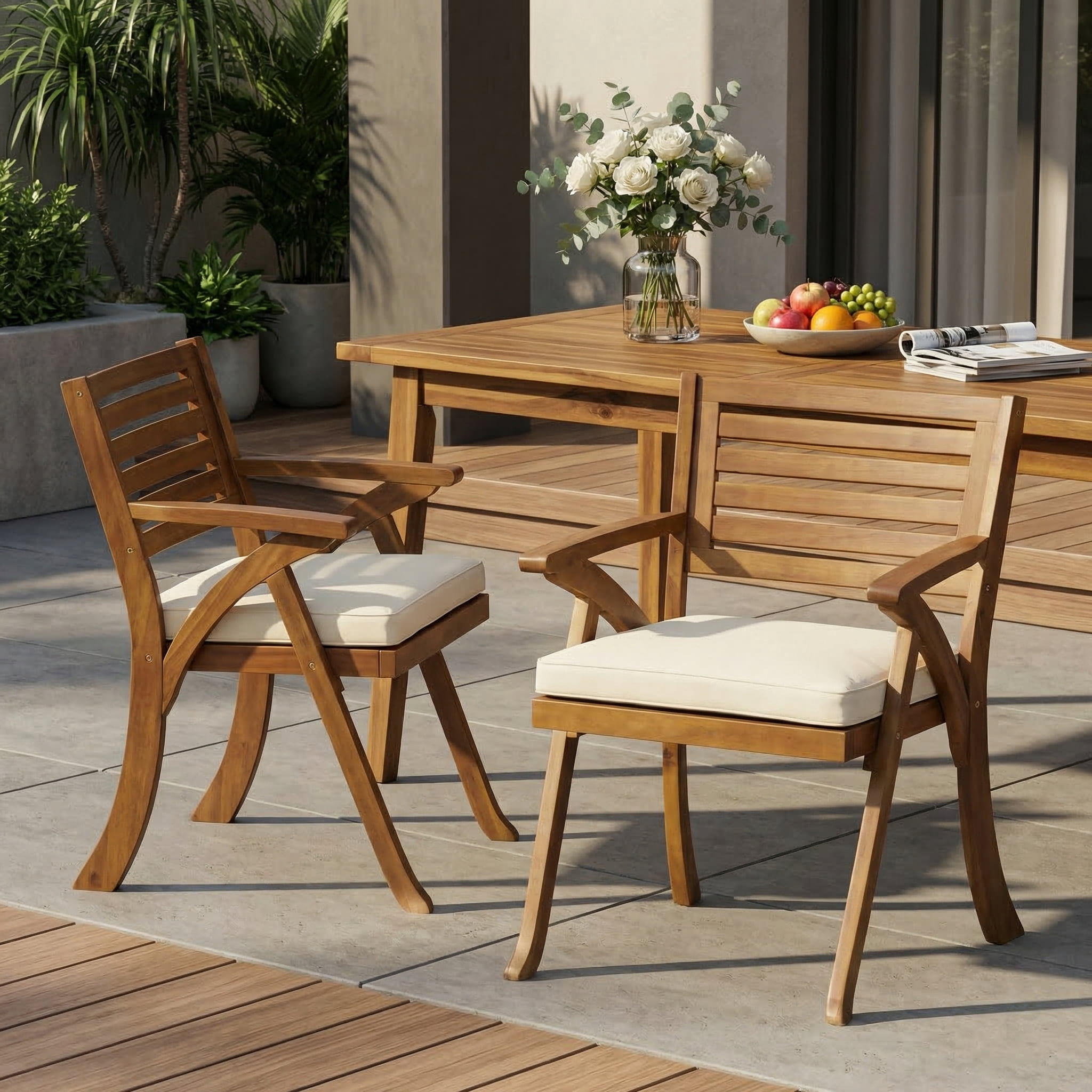 Outdoor Cushioned Wood Frame Dining Chair Set of 2, Comfort Household Seats for Patio Garden, Teak and Cream