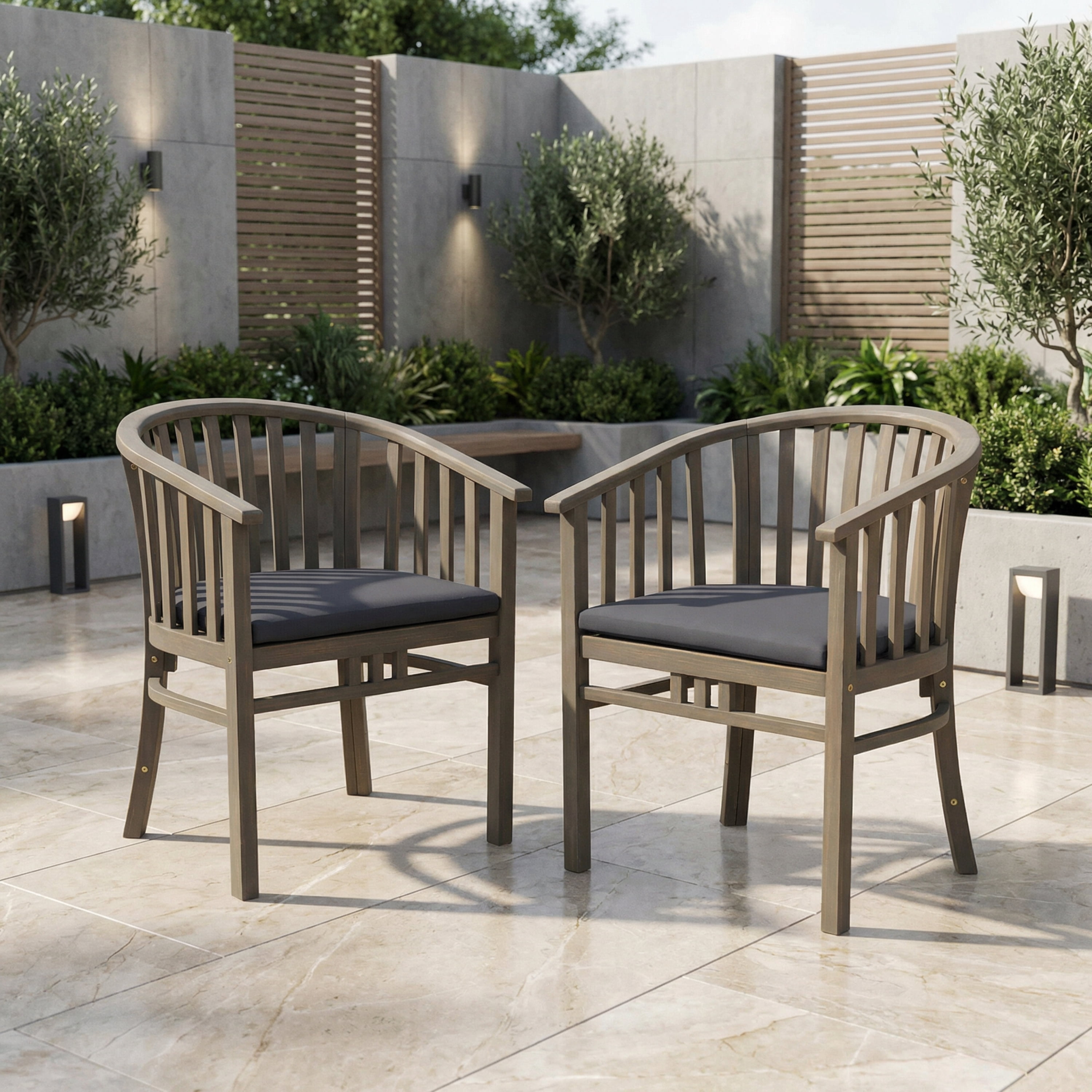 Outdoor Cushioned Wooden Dining Chair Set of 2, Solid Wood Frame for Patio Garden, Grey