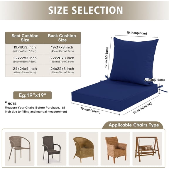 Outdoor Cushions for Furniture, Waterproof Outdoor Chair Cushion w/Fade-Resistant, Removable & Machine-Washable Cover, 22x22 Inch, Deep Seat Sofa/Couch Pad Replacement – Set of 2, Navy Blue