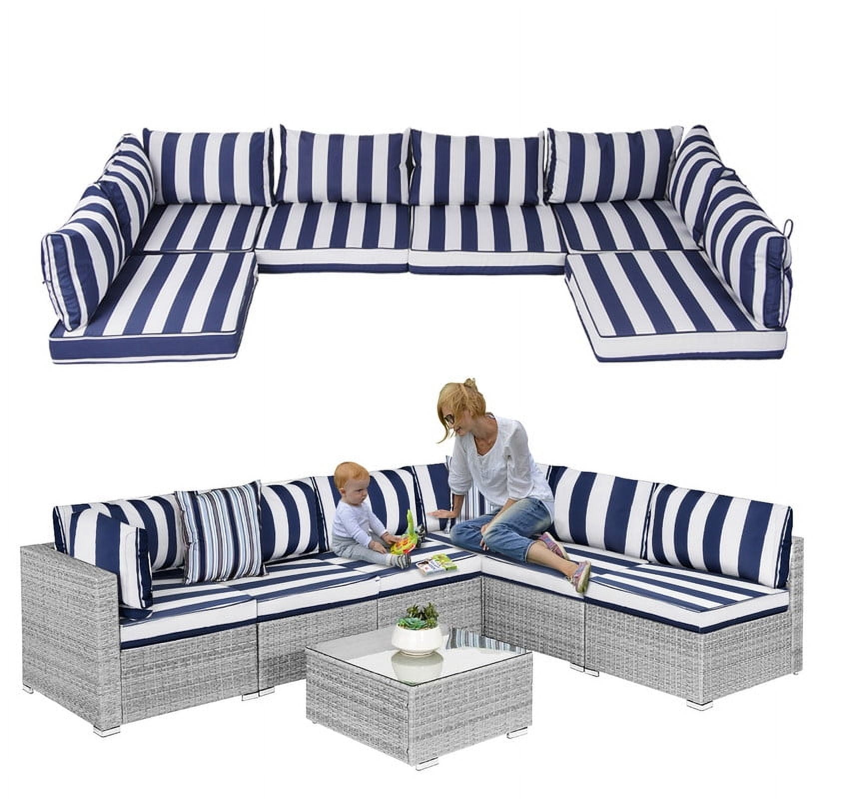 Outdoor Cushions for Patio Furniture Replacement, 4" Foam High-Density, 14-Piece Water-Resistant Outdoor Cushion for 6-Seat Sectional Patio Conversation Sets（Blue white stripes）