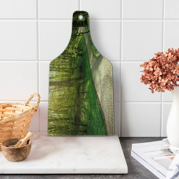 Outdoor Cutting Board, Footpath Green City Park Sun Rays Freshness Hiking Forest Tranquil Botany, Tempered Glass Cutting and Serving Board, Wine Bottle Shape, Green Beige Yellow, by Ambesonne