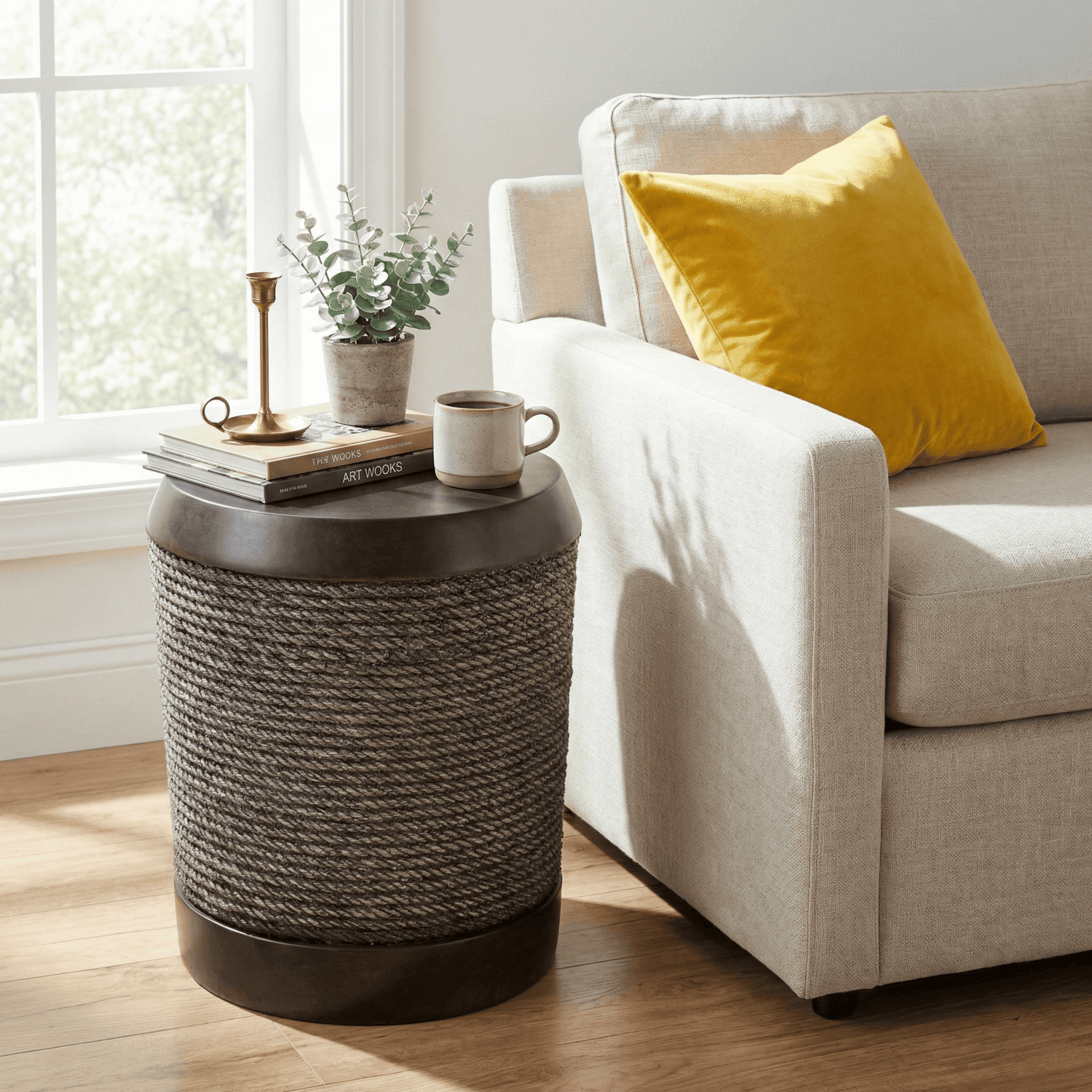 Outdoor Dark Brown Side Table with Simulated Braided Cord & Vintage Trim, Retro Cylindrical End Table for Indoor Home Patio Balcony Decor