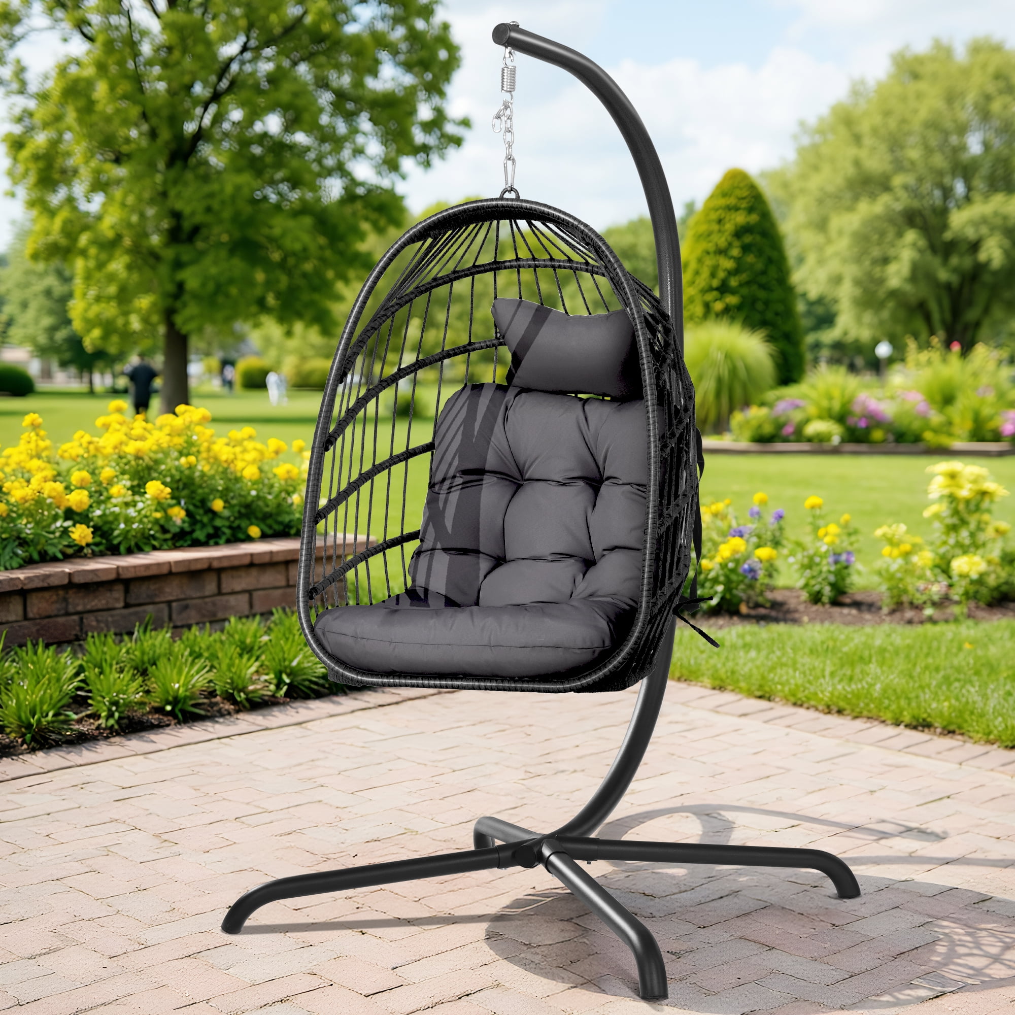 RADIATA Hanging Egg Chair with Stand, Outdoor Wicker Swing Basket Chair with Cushion, 350lbs Capacity, Dark Gray Patio Hammock Chair for Balcony Backyard