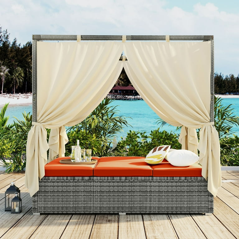 Outdoor Daybed with Canopy and Cushions Steel Patio Wicker Sunbed with Side and Overhead Curtain Adjustable Sun Bed for Balcony Garden Backyard Poolside Orange Walmart