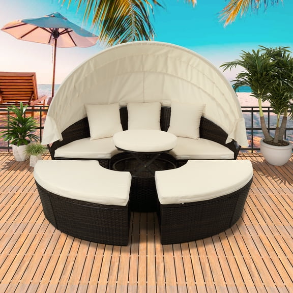 Outdoor Daybed with Canopy, Patio Daybed with Canopy, Rattan Sectional Sofa Set Sunbed with Retractable Canopy, Separate Seating and Removable Cushion, Beige, LJ3580