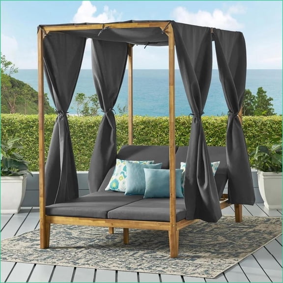 Outdoor Daybed Kenzie with Adjustable Chaises, Water-Resistant Curtains | Slatted Acacia Wood | Wood+Waterproof Fabric