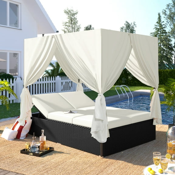 Outdoor Daybed, Patio PE Rattan Daybed with Four-Sided Canopy and Overhead Curtains, Seating Sofa Set w/Adjustable Seat and Cushions, Wicker Furniture Set for Poolside Backyard Garden Lawn