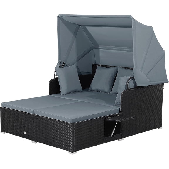 Outdoor Daybed with Retractable Canopy, Wicker Cabana with 2 Side Tables & Soft Cushions, Hand-Woven PE Rattan Bed Lounger, Patio Sectional Furniture Set for Garden Backyard Porch (Grey)