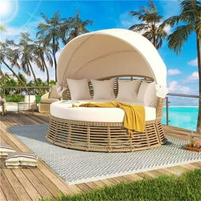 Outdoor Daybed Set with Retractable Canopy, PE Wicker Furniture Round Poolside Sofa Sunbed with Removable Cushions for Backyard, Porch, Beige