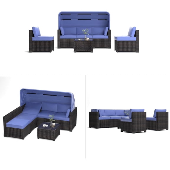 Outdoor Daybed Set with Retractable Canopy and Adjustable Backrests - Patio Lounge Set, Blue