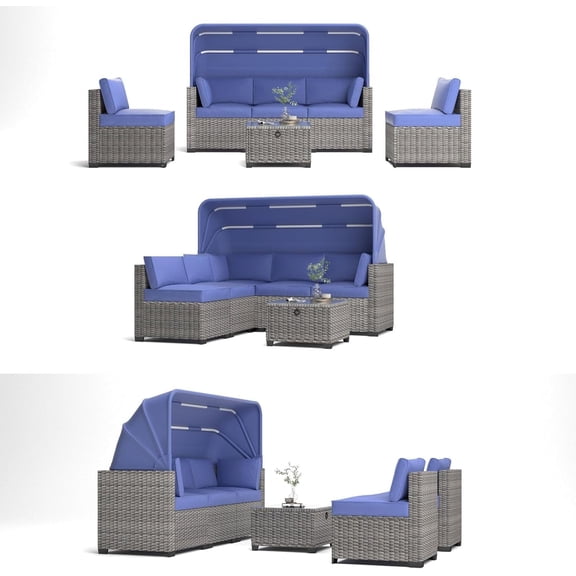 Outdoor Daybed Set with Retractable Canopy and Adjustable Backrests - Patio Lounge Set, Dark Blue