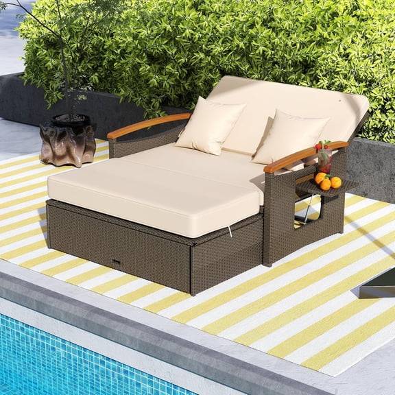 Outdoor Daybed, Wicker Chaise Lounge Loveseat w/ 4 - Level Adjustable Backrest, Folding Panels, Thick Cushions & Storage Ottoman, Patio Furniture Set for Garden Backyard Pool Porch (Beige)