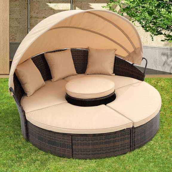 Outdoor Daybed With Canopy: Navy Blue Pillows And Washable Cushions Round Bed Thick Detachable Pillow Covers