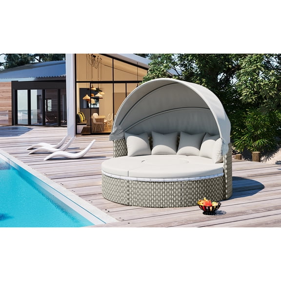 Outdoor , Daybed With Retractable Cover, Gray Two-tone Weave, Stable Coffee Table And Seat Cushions Sectional , Water Pillows