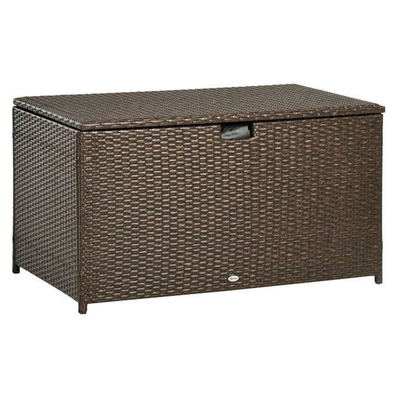 Outdoor Deck Box 113 Gallon, PE Rattan Wicker Storage Trunk with Hydraulic Lift & Liner - Patio, Pool, Garden Tool Organizer - Brown