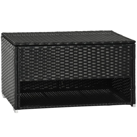 Outdoor Deck Box with Shoe Rack and Towel Storage, PE Rattan Wicker Organizer with Liner for Patio Furniture Cushions, Pool Toys, Garden Tools, Black