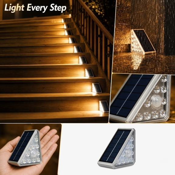 Outdoor Deck Path Lights, 6 Pack Triangular Solar Stair Lights Outdoor Waterproof, Weatherproof Step Lights for Outdoor, Dusk to Dawn Solar Powered Lights, Pir Motion Security