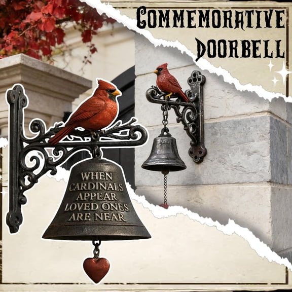 Outdoor Decor, Cardinal Decor, Bird Decor, Red Decor, Cast Iron Wall Mount Door Bell, 10X4.5X2.5 Inch Engraved Memorial Hanging Door Decor, Vintage Scroll Metal Wall Art for