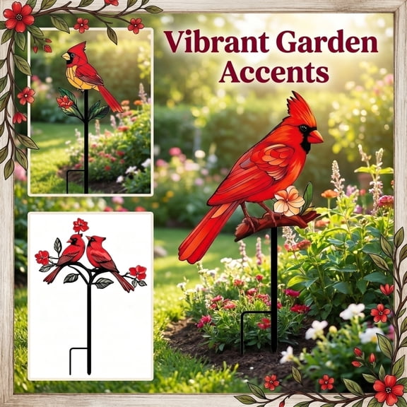 Outdoor Decor, Metal Yard Art, Cardinal Decor, Bird Decor, Yard Stakes for Decorations, 14X6 Inch Flat Red Bird Cardinal Metal Ground Stake for Lawn and Garden Display