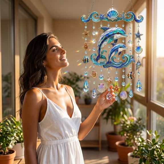 Outdoor Decor for Patio, Dolphin Wind Chimes Acrylic Sun Catcher 17.72x9.84In, Nautical Sea Creature Shell Crystal Hanging Ornament, Beach Style Wall Window Pendant for Balcony Garden Home Decor
