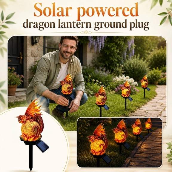 Outdoor Decor-Resin Fire Dragon Globe Garden Stake Solar Lights Outdoor,Flame Dragon Cracked Sphere Pathway Lamp LED Lights,Waterproof Outdoor Yard Lawn Ground Stake Lights Garden Decor