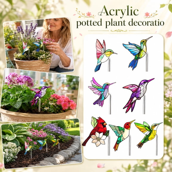 Outdoor Decor, Stained Glass Hummingbird Plant Stake, 4.5X3X3 Inch Hummingbird Bird Decor, Outdoor Garden Art Piece, Yard Art Lawn Decoration, with Sturdy Hidden Metal Prong