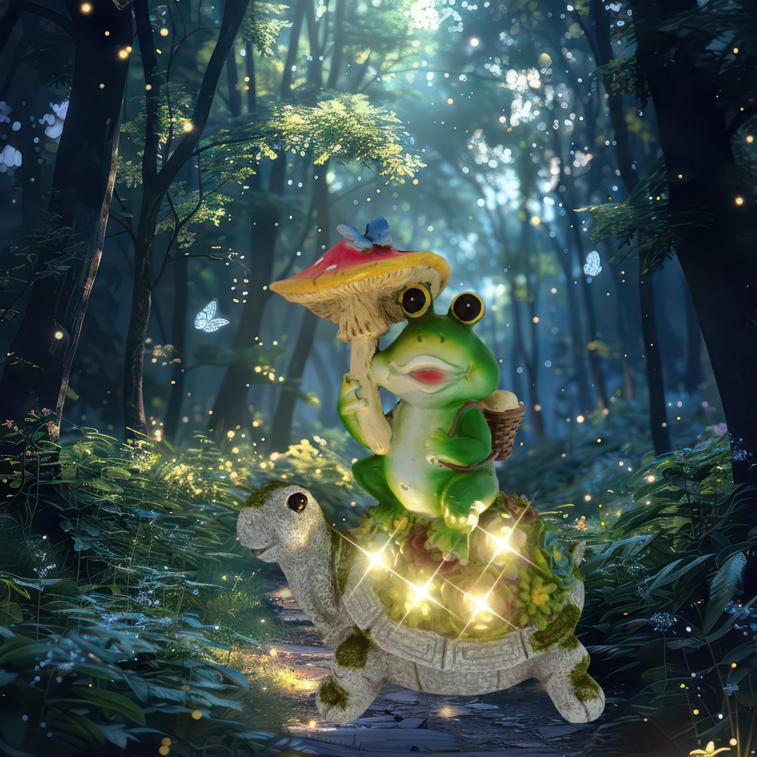 Outdoor Decor Turtle Solar Garden Statue, Frog Sit on Tortoise Holding Mushroom Sculpture