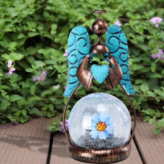 Outdoor Decor, Solar Angel Statue,Solar Statue,Crackle Glass Globe with Flower,For Patio,Gardens and Lawns Decoration