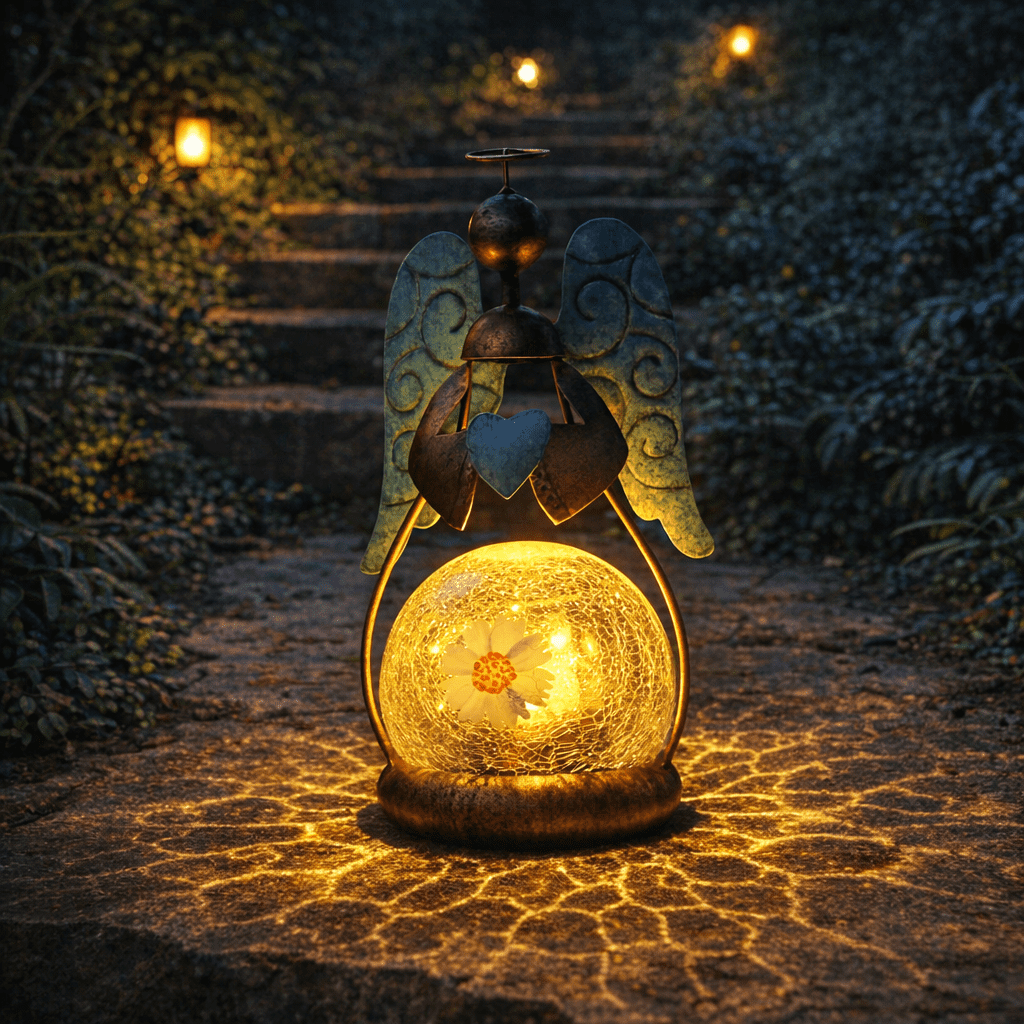Outdoor Decor, Solar Angel Statue,Solar Statue,Crackle Glass Globe with Flower,For Patio,Gardens and Lawns Decoration