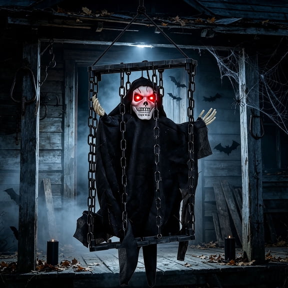 Outdoor Decoration Animated Halloween Caged Skeleton with Led Red Eyes,Screaming Sound,Animatronic Skeleton Prisoner Decoration,Sound & Light & Motion Activated Ghost for Patio Haunted House
