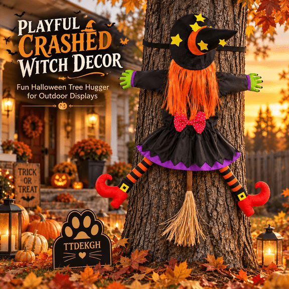 Outdoor Decorations Flying Witch Decor Outside Yard Porch Tree Ornaments Hanging Large Lighted Funny Front Crashing into on Broom Garden