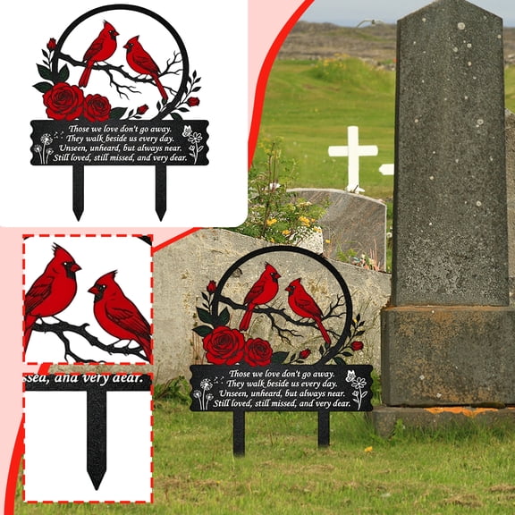 Outdoor Decorations for Yard, Grave Decorations for Cemetery, Metal Yard Art, Cardinal Decor, 14X12 Inch 2D Metal Memorial Plaque Garden Stake with Red Roses, Sympathy Tribute