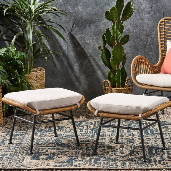 Outdoor Decorative Ottoman | Used as Footrest or Seating | Durable Steel and Rattan | Easy - Clean Water - Resistant Cushions