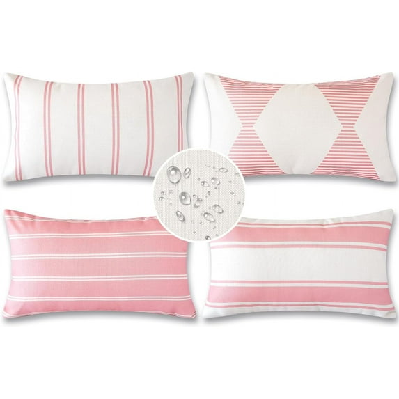 Outdoor Decorative Pillow Covers Waterproof Garden Throw Pillow Covers 12x20 Inch Cushion Case Geometry Throw Pillowcases Pillows Shell for Patio Furniture Couch Tent Balcony Pack of 4 (Pink)