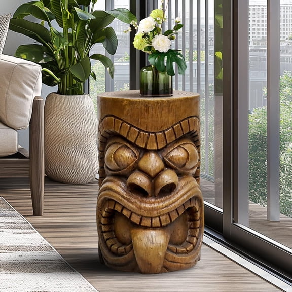 Outdoor Decorative Sculpture - The Grande Tiki God Kanaloa Teeth Indoor Ornamental Outdoor Table Statues for Garden, Patio, Backyard, Lawn, House, Office Decor - 19.6"H Concrete Stool End Table