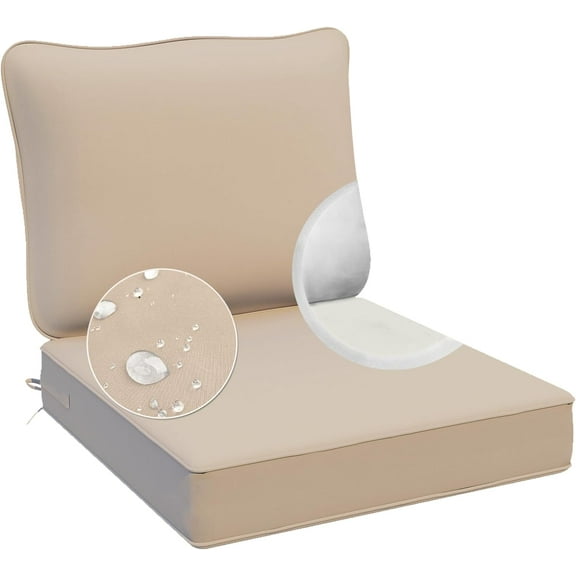 Outdoor Deep Seat Cushions, Waterproof, Fade-Resistant Patio Furniture Replacement Cushions, 24" x 24" x 5", Khaki Beige