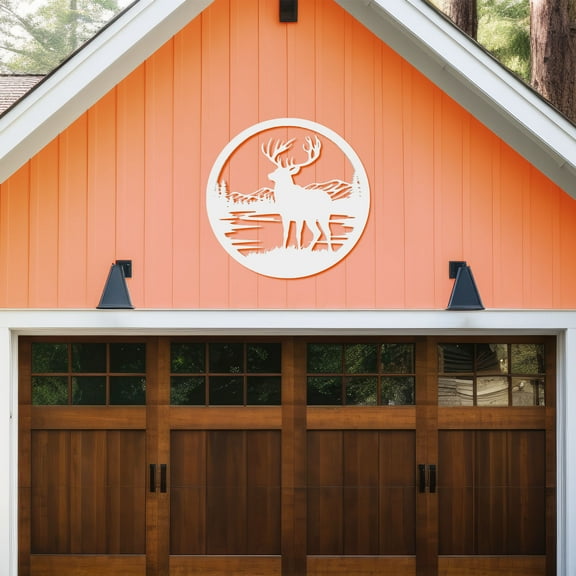 Outdoor Deer Wall Art – Deer Decor for Cabin, Lodge, or Rustic Home, PVC Wilderness Sign Mountains and Pine Trees, 36 Inch Round