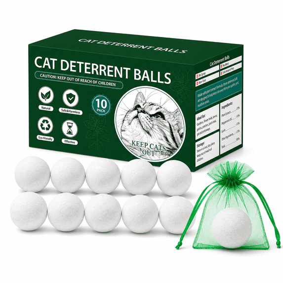 Outdoor Deterrent Balls for Gardens and Patios, 10 Pack Cat Repellent Balls with 10 Mesh Bags, Storage Box for Yard Garage Trash Area