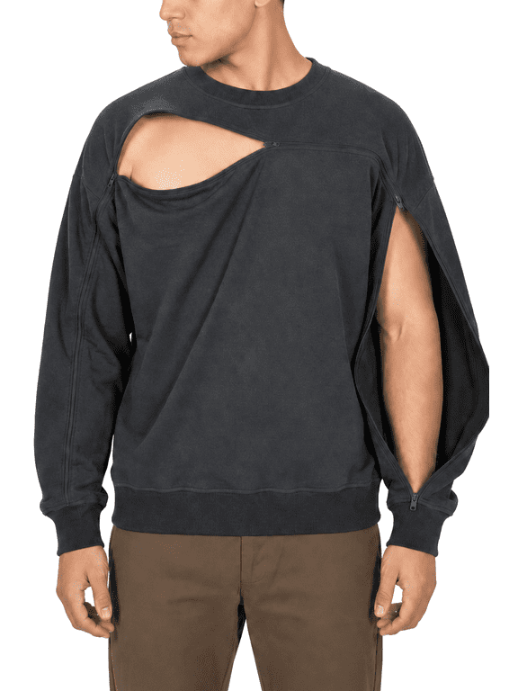 Unisex Cotton Crewneck Sweatshirt, Arm & Chest Zipper Access for Dialysis, Chemo & Infusion, Gray, 3XL