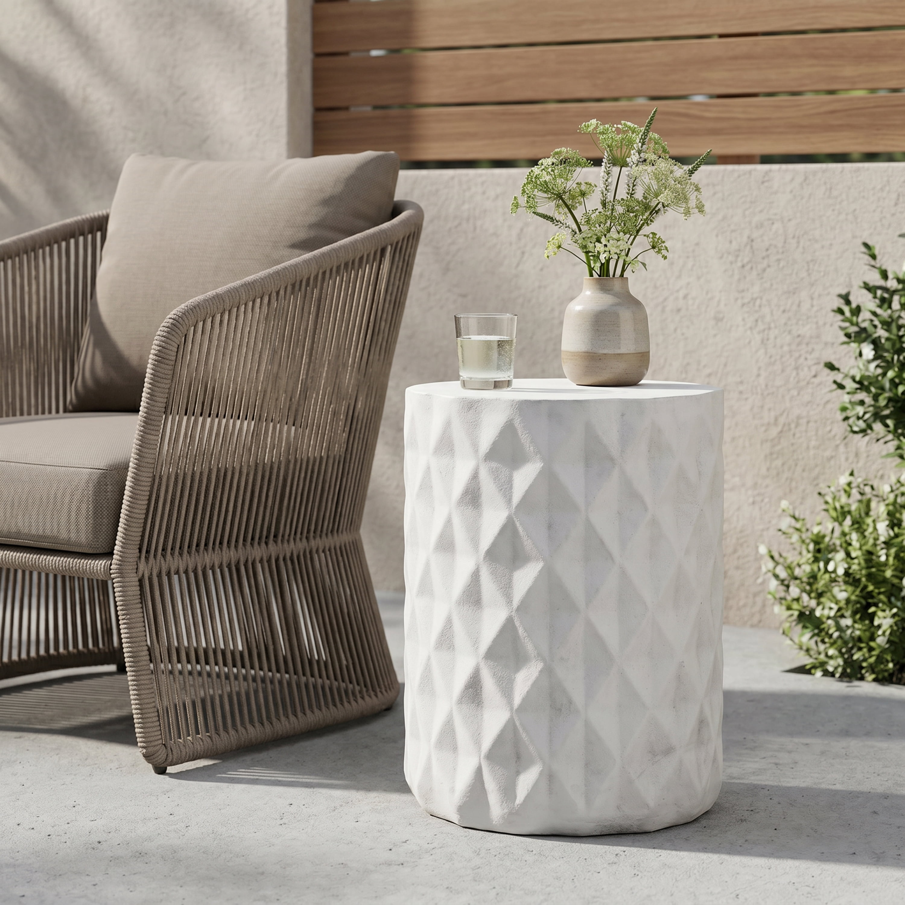 Outdoor Diamond Pattern Side Table, Lightweight Concrete Craft for Patio Garden, White