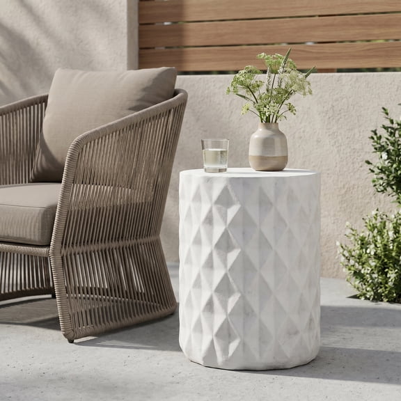 Outdoor Diamond Pattern Side Table, Lightweight Concrete Craft for Patio Garden, White