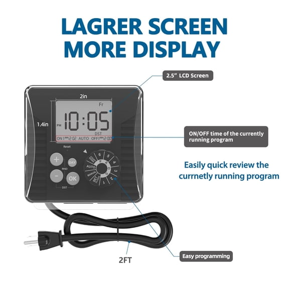 Outdoor Digital Pool Timer with Dial Programming, 2 Outlets, 2FT Cord, 6 Programs