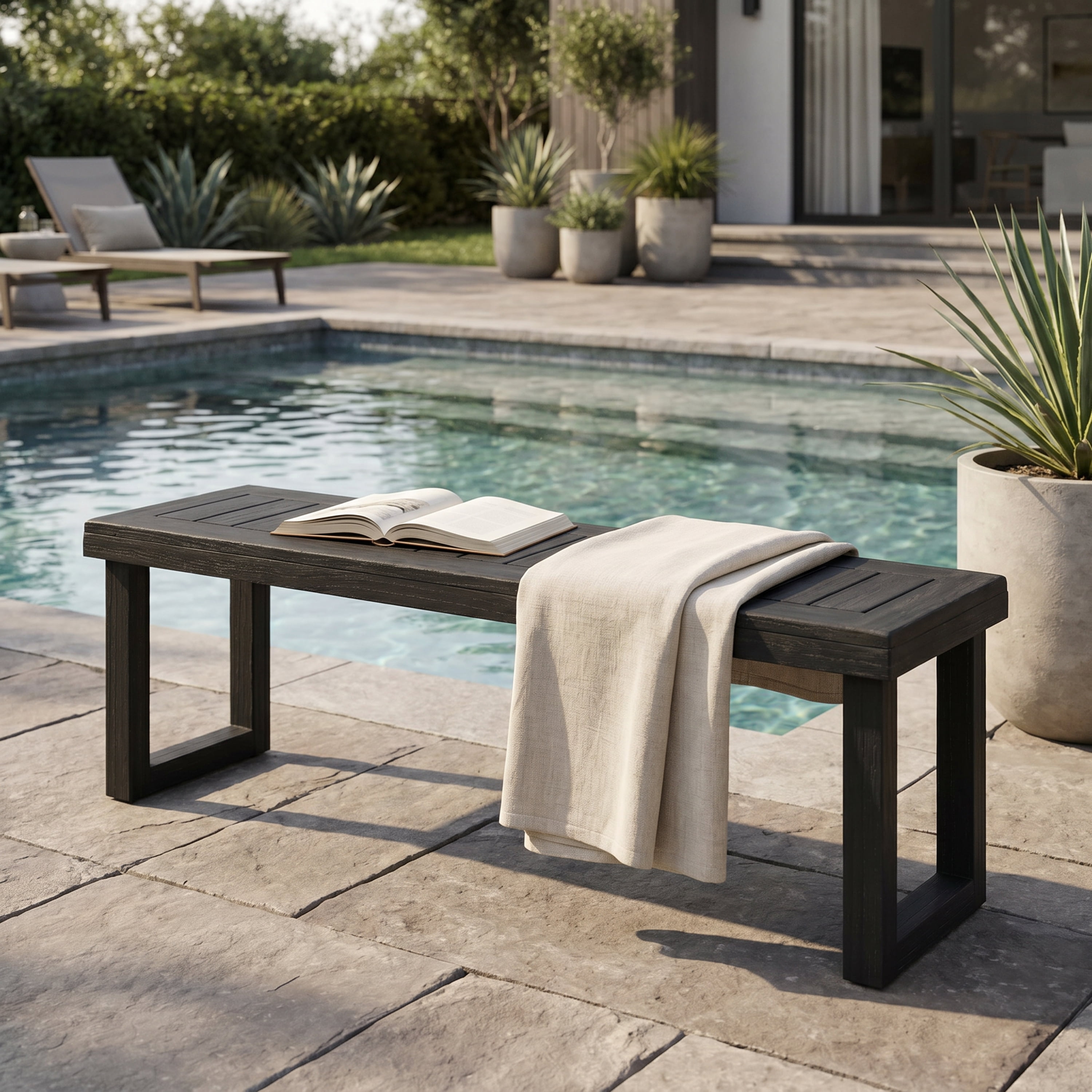 Outdoor Dining Bench, Solid Acacia Wood Rest Bench for Patio Garden, Sandblast Dark Gray