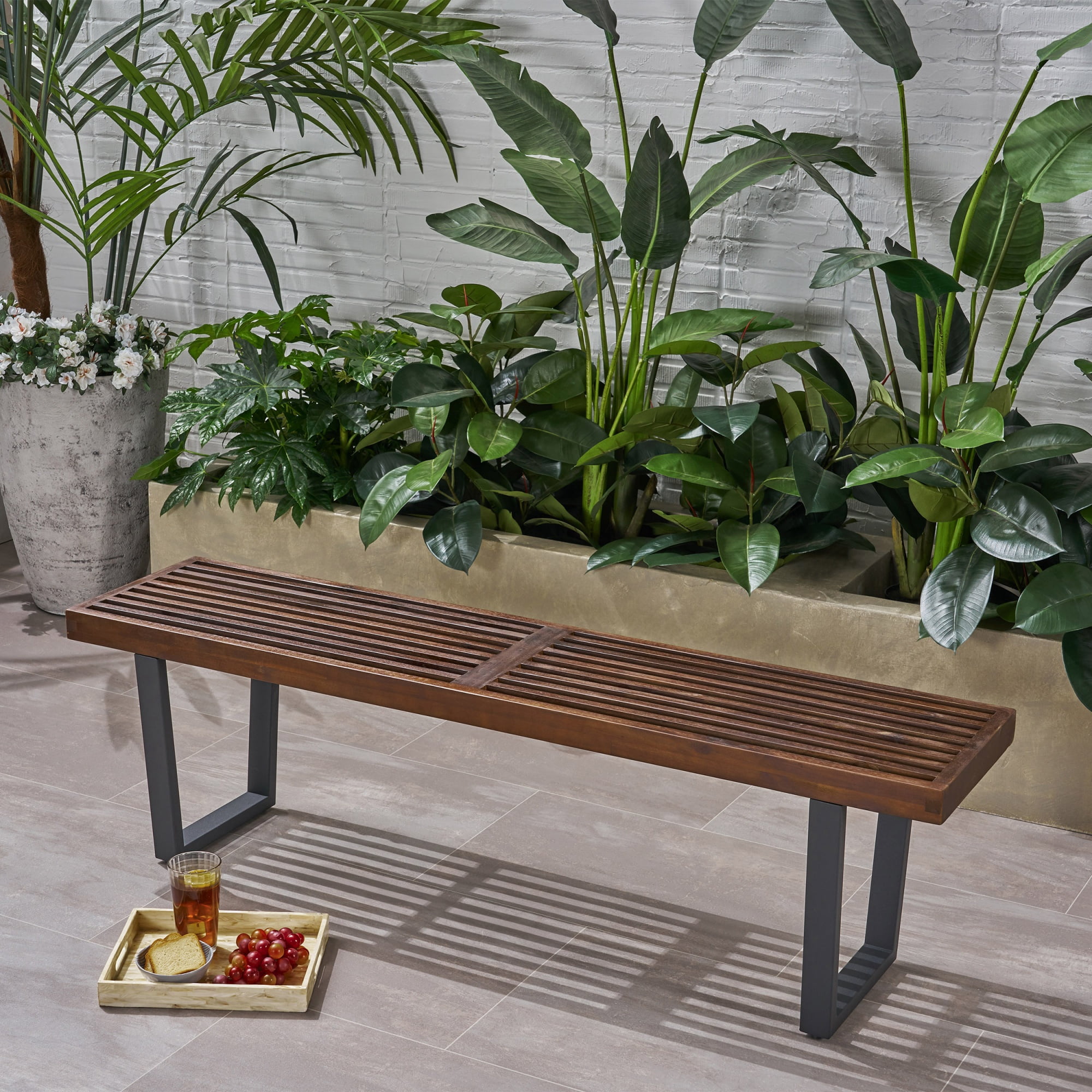 Outdoor Dining Bench with Acacia Wood and Iron Legs, Patio Bench and Garden Seating for 3 People with Adjustable Foot Pads, Dark Brown and Black