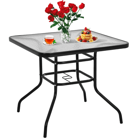 32-inch Square Dining Patio Table - Tempered Glass Bistro Table with Umbrella Hole for Garden & Balcony