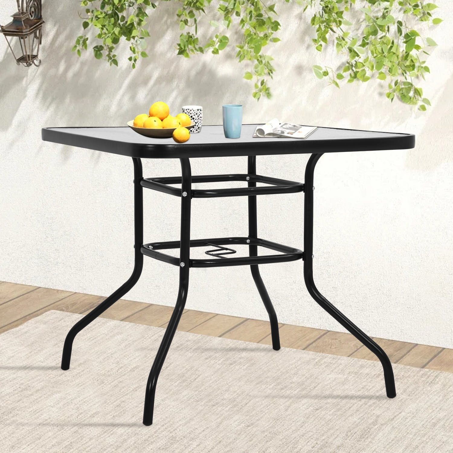 Outdoor Dining Bistro Table 32'' Tempered Glass Table, Square Patio Table with Umbrella Hole for Outdoor Dining Bars Garden Lawn Balcony Yard