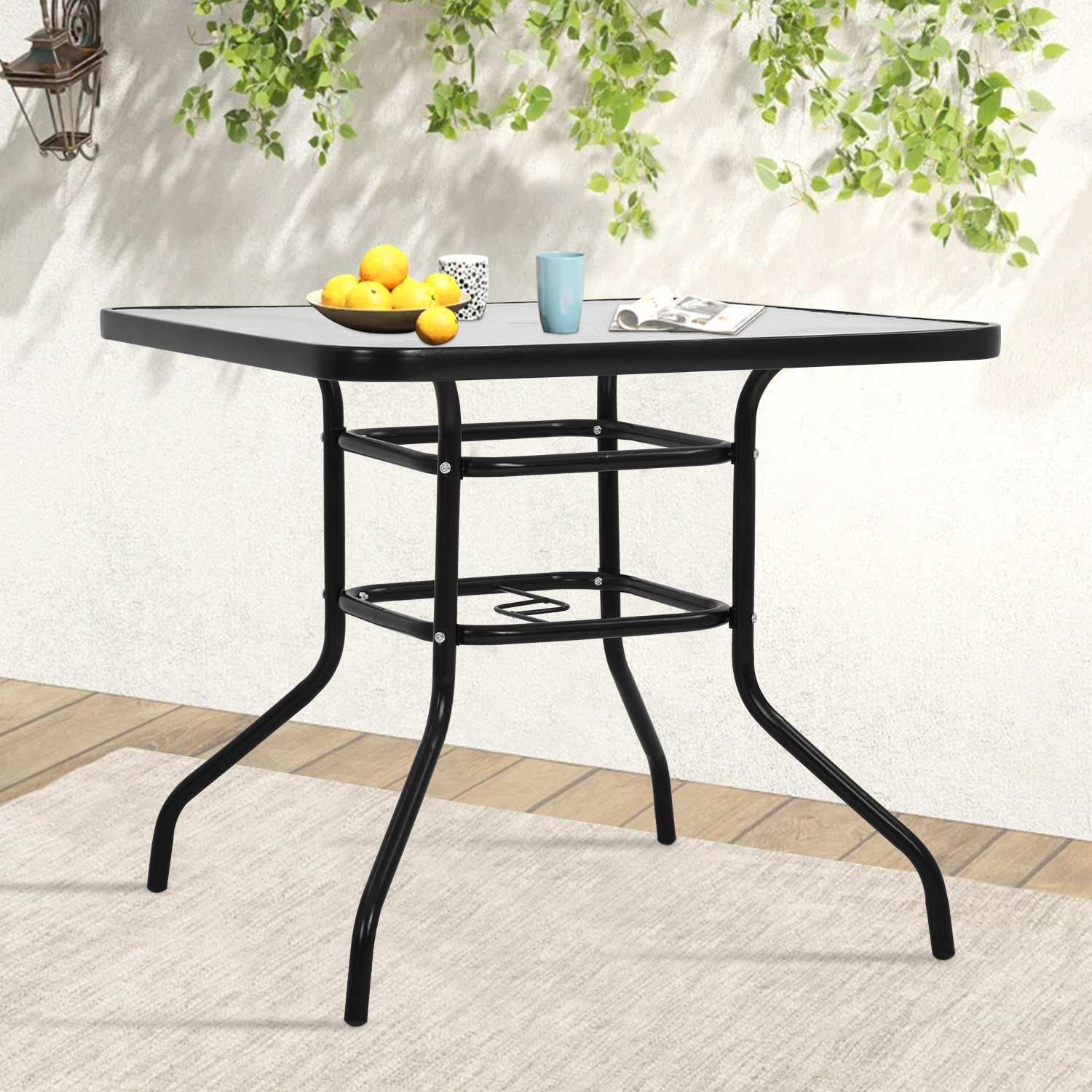 Outdoor Dining Bistro Table 32'' Tempered Glass Table, Square Patio Table with Umbrella Hole for Outdoor Dining Bars Garden Lawn Balcony Yard