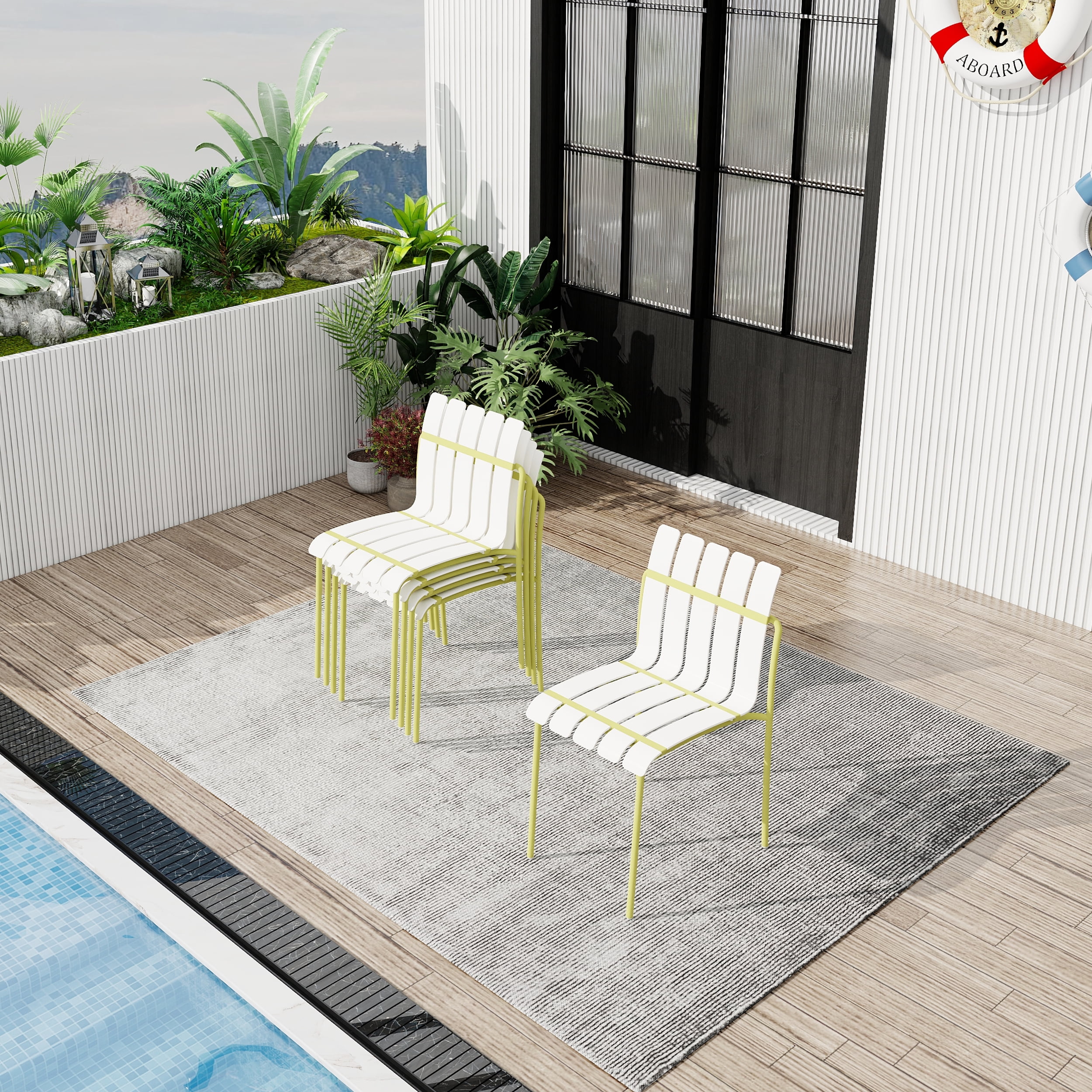 Outdoor Dining Chair, 4 Pack Striped Seat Leisure Chair for Garden Home Patio Outdoor, Cream White Grain Yellow