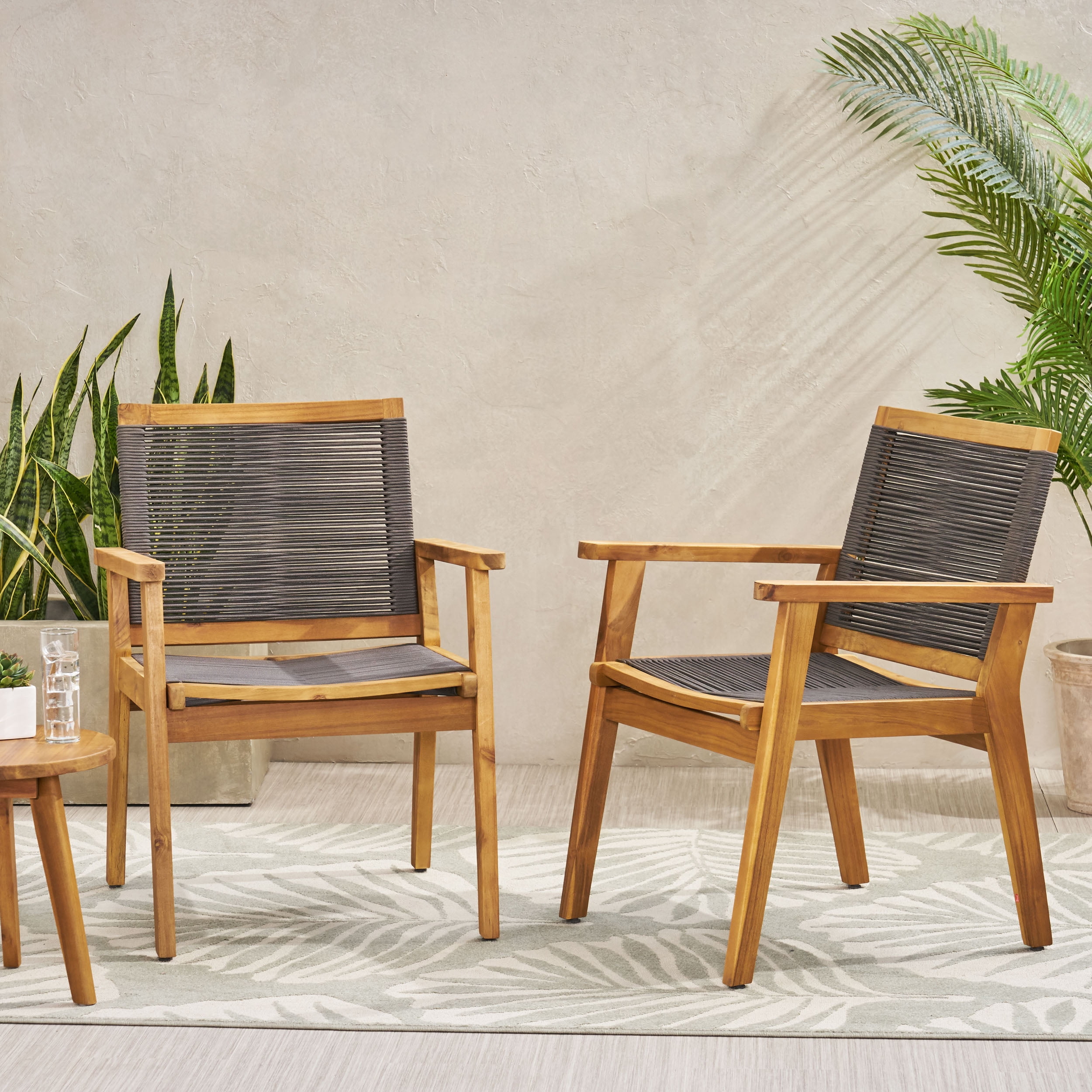 Outdoor Dining Chair Set of 2, Acacia Wood Frame with Rope Detail Household Seats for Patio Garden, Natural and Beige