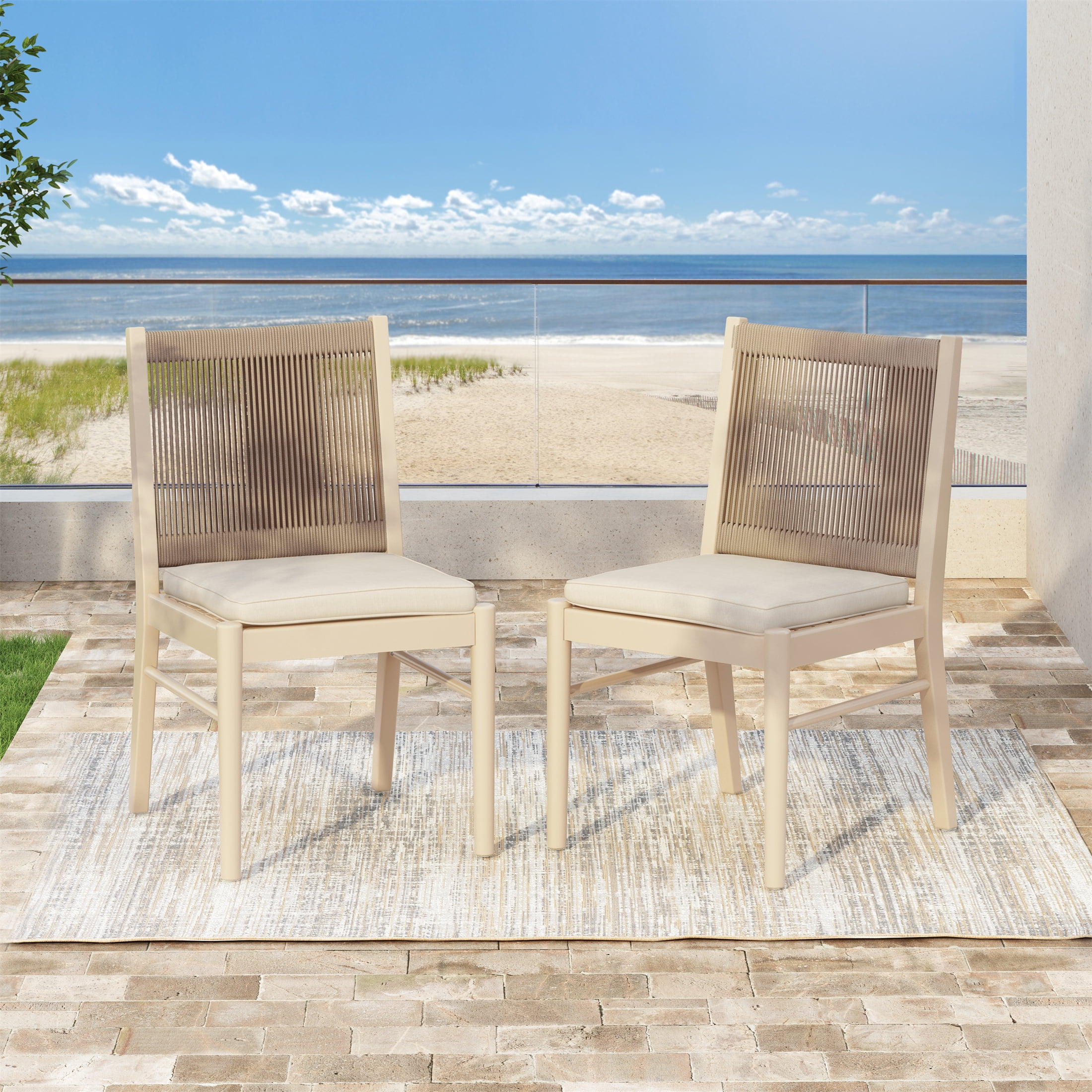 Outdoor Dining Chair Set of 2, Acacia Wood Frame with Round Rope Decoration for Patio Garden, Yellow